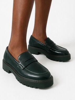 Zara Dark Green Leather Penny Loafers